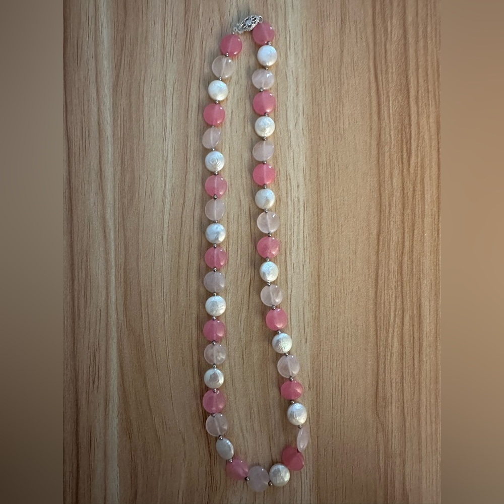 Rose quartz, pink tourmaline, and mother of pearl necklace.